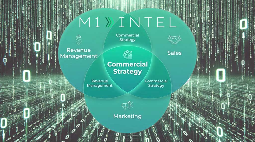 Hotel commercial strategy implementation dashboard showing revenue, sales, and marketing alignment