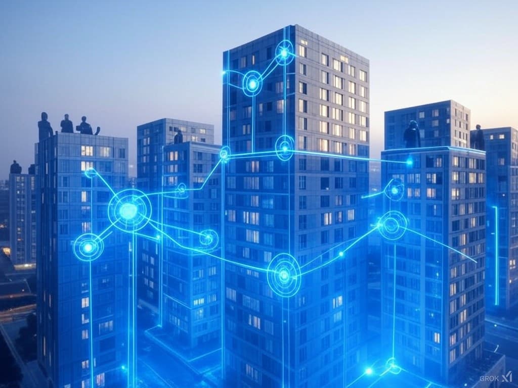 Futuristic illustration showing a series of modern hotel buildings interconnected by digital lines and nodes, symbolizing continuous data flow and seamless data control. Subtle silhouettes of staff figures transition between the buildings, representing staff changes while maintaining smooth operations and strategic decision-making.