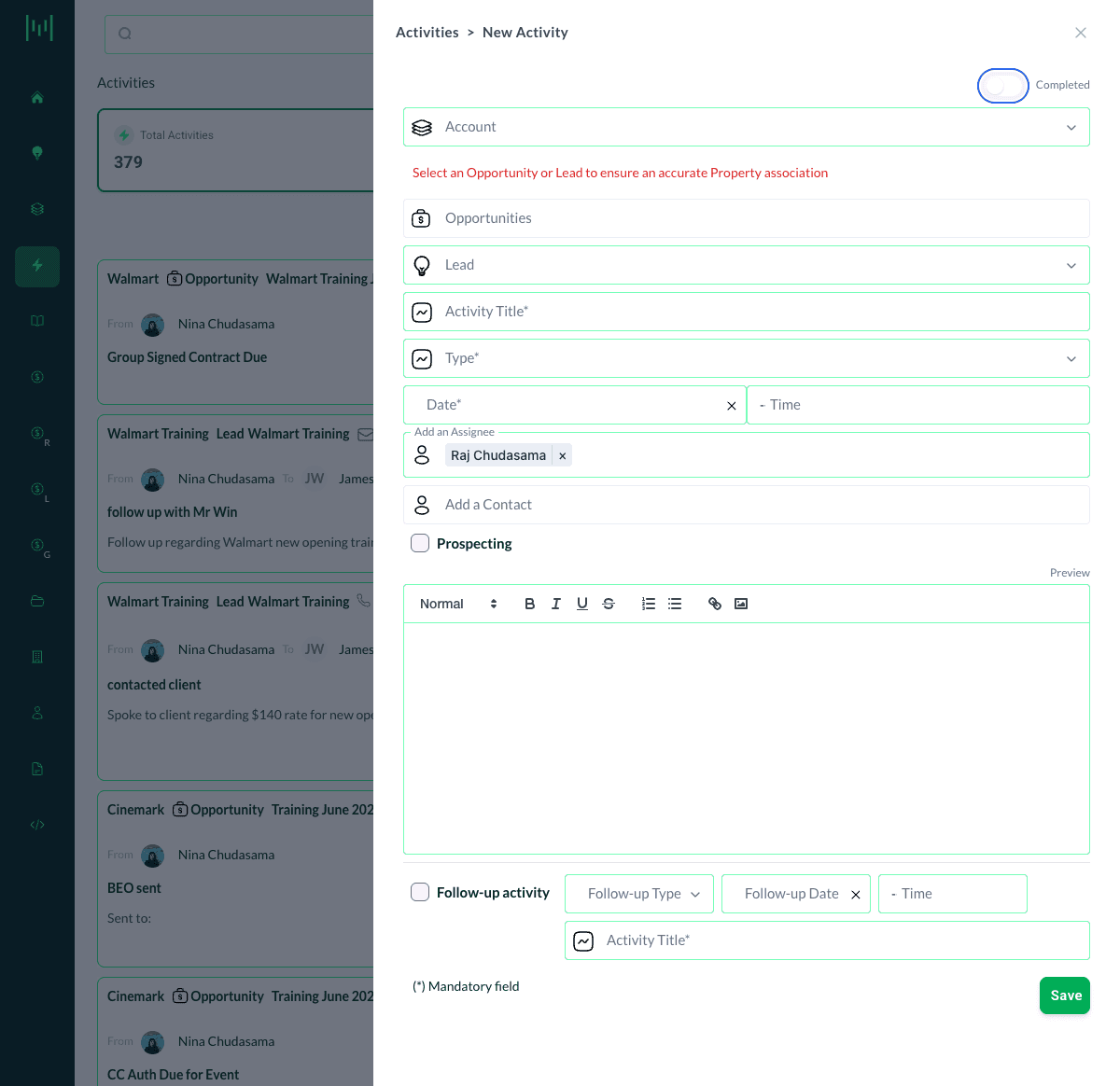 the New Activity form with all fields