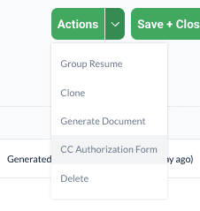 The opportunity's Actions menu, with CC Authorization Form between Generate Document and Delete