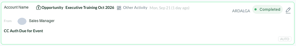 A CC Auth Due for Event auto activity marked Completed, with the AUTO tag