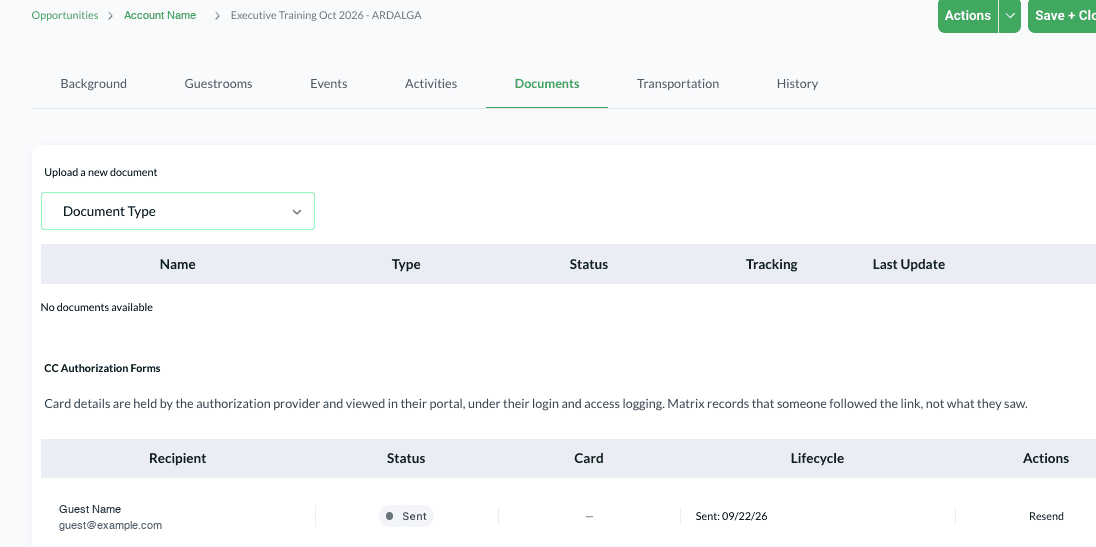 The Documents tab, with a form in the CC Authorization Forms section at Sent