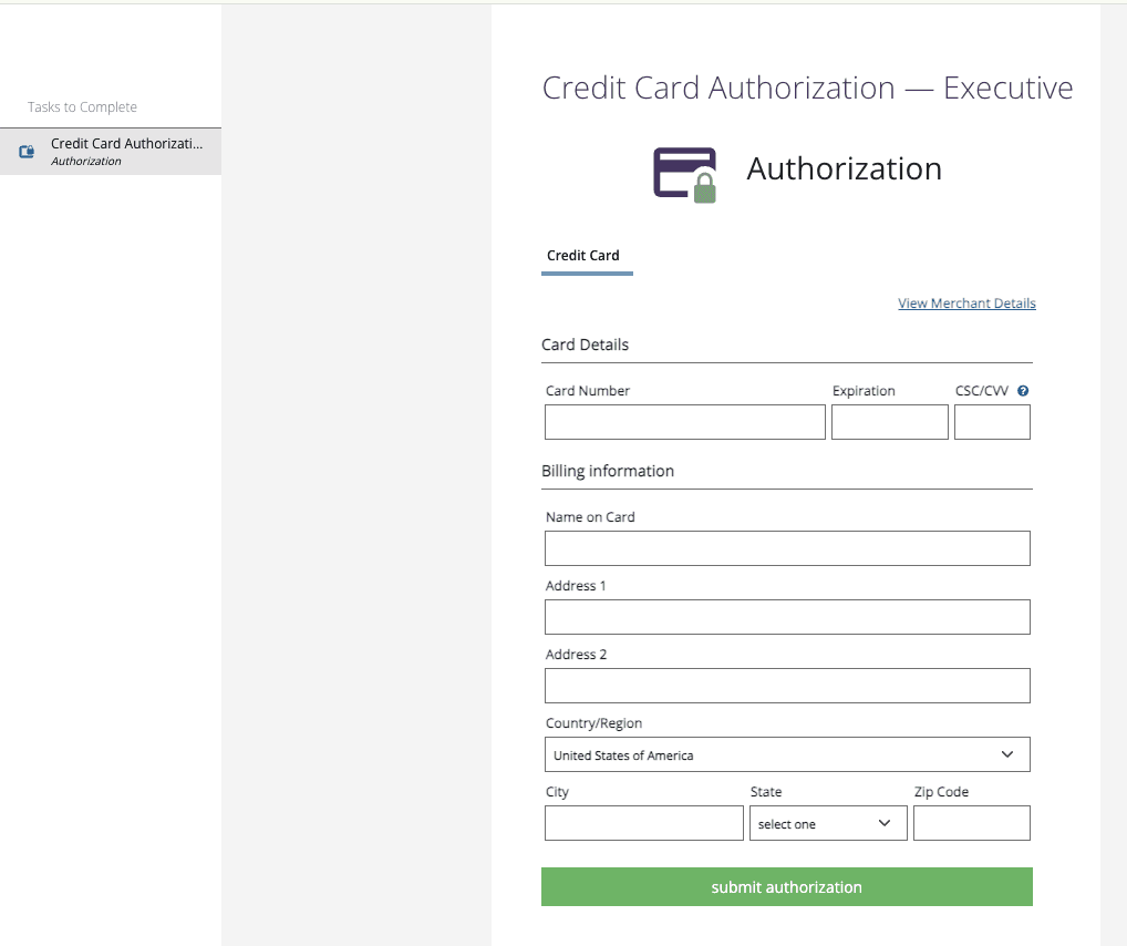 The guest's secure Sertifi form, with card details and billing information