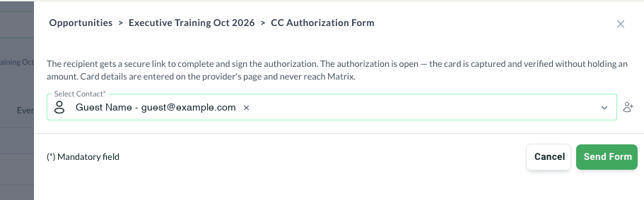 The CC Authorization Form window with the contact filled in and the Send Form button