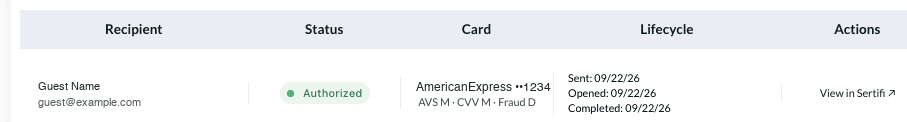 A form at Authorized, with the card, the check results, the dates, and the View in Sertifi link