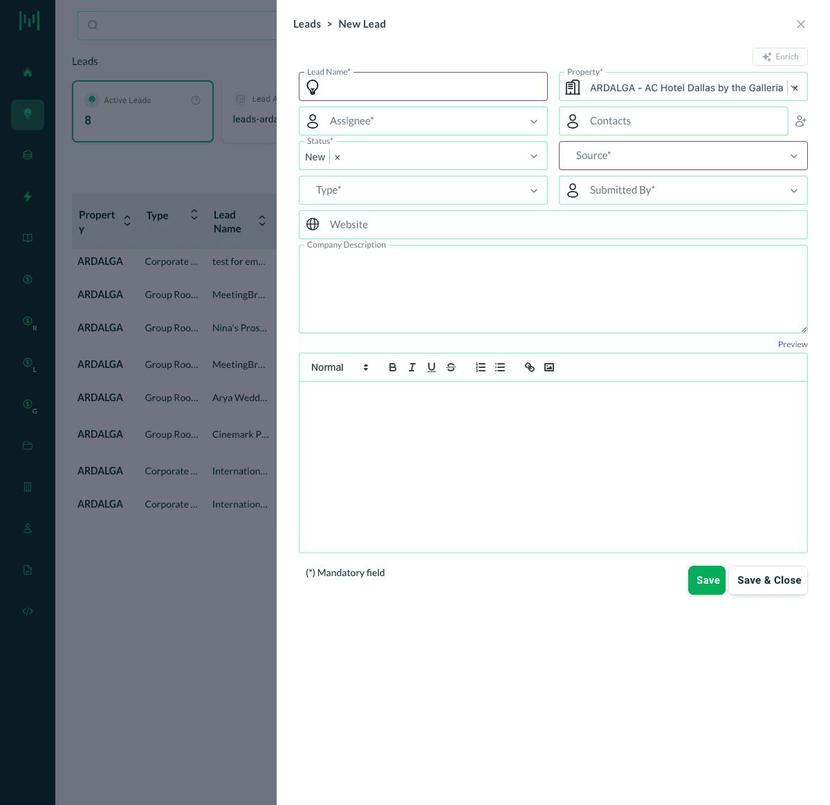 The empty New Lead form