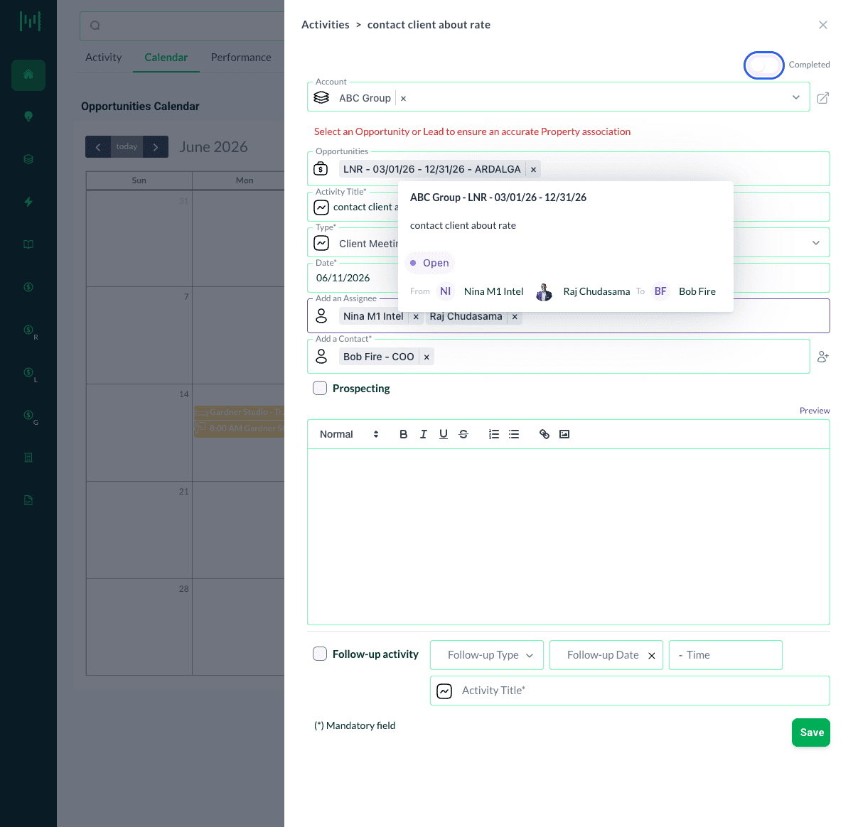 The activity form opened from the calendar, with Type set to Client Meeting