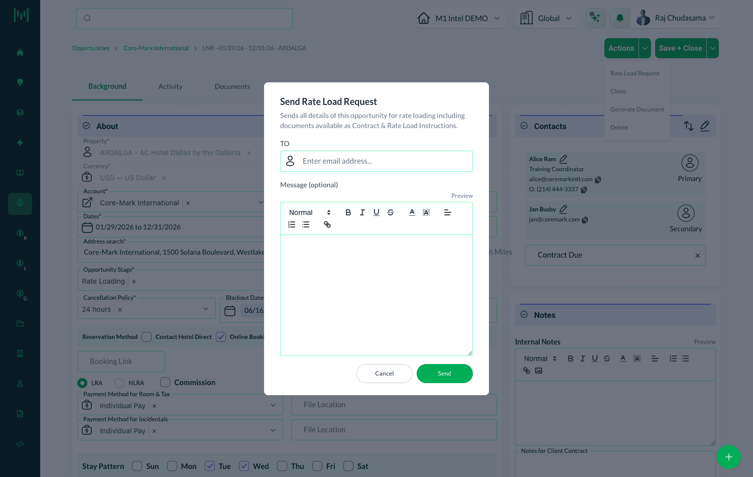The Send Rate Load Request window, with the TO field, an optional message, and Cancel and Send