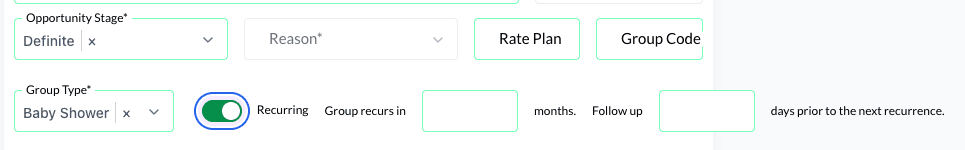 The Recurring toggle switched on, with the Group recurs in and Follow up fields beside it