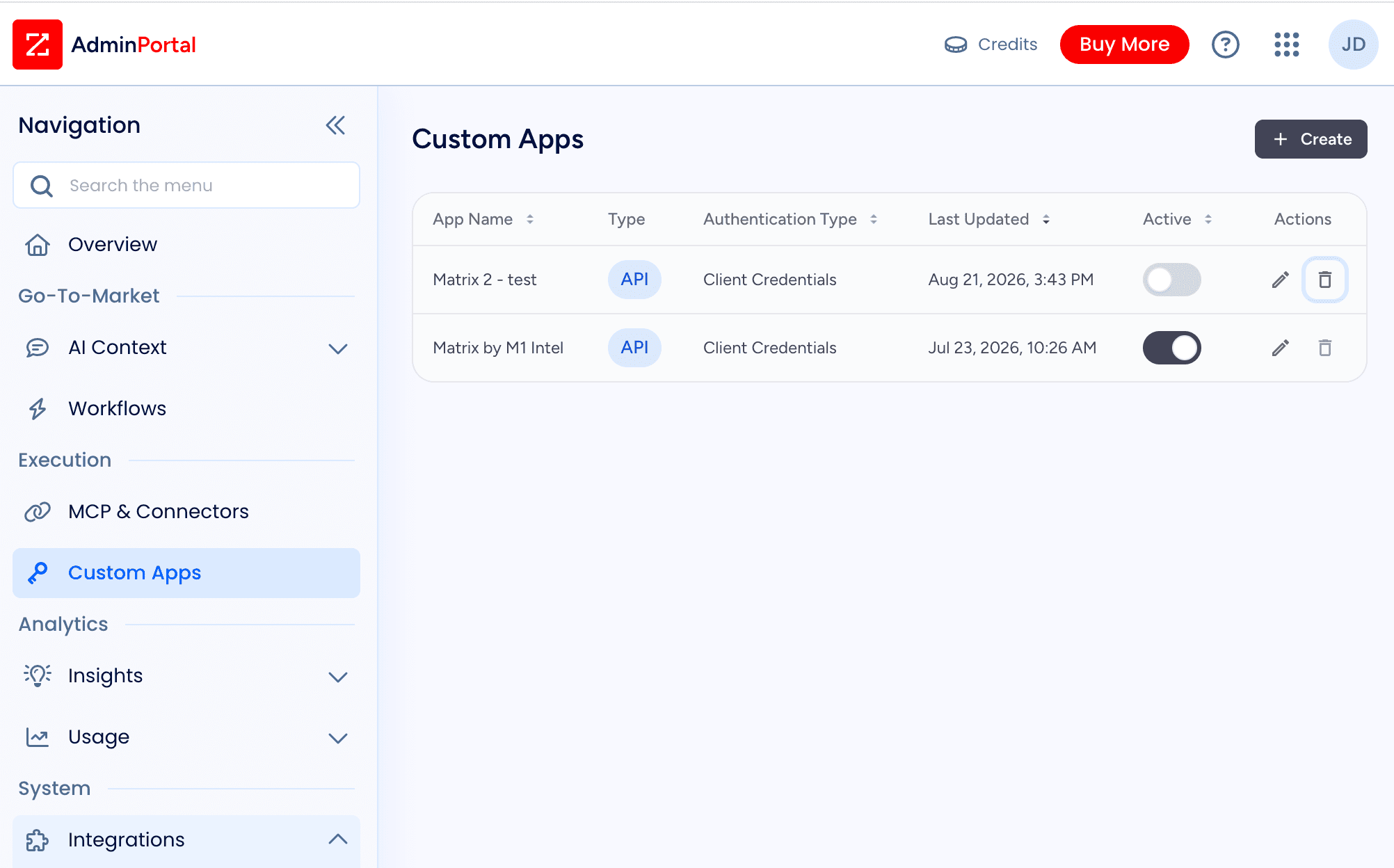 ZoomInfo Admin Portal, Custom Apps page with the + Create button