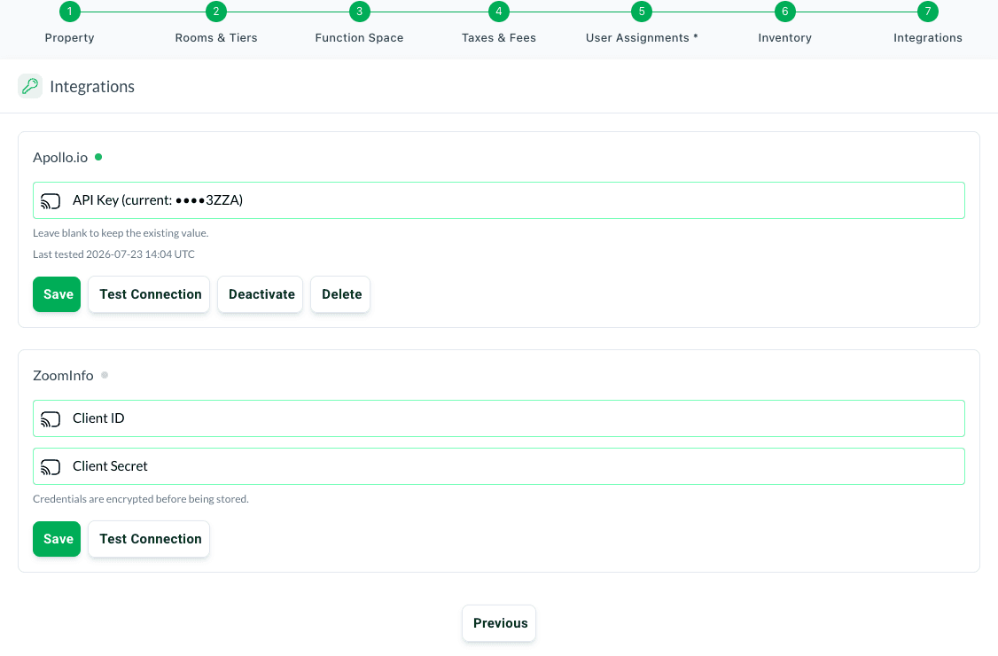 Matrix Properties, Integrations tab, showing the ZoomInfo card with Client ID and Client Secret