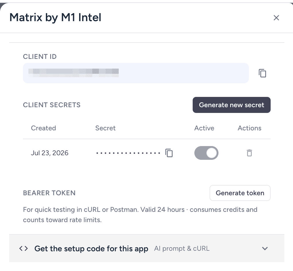 The app detail view showing Client ID and Client Secret