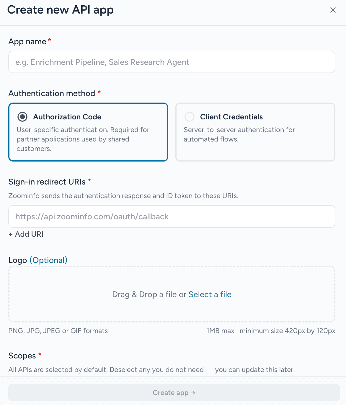 The API App form filled in with app name, Client Credentials, delegated user, scopes and use case