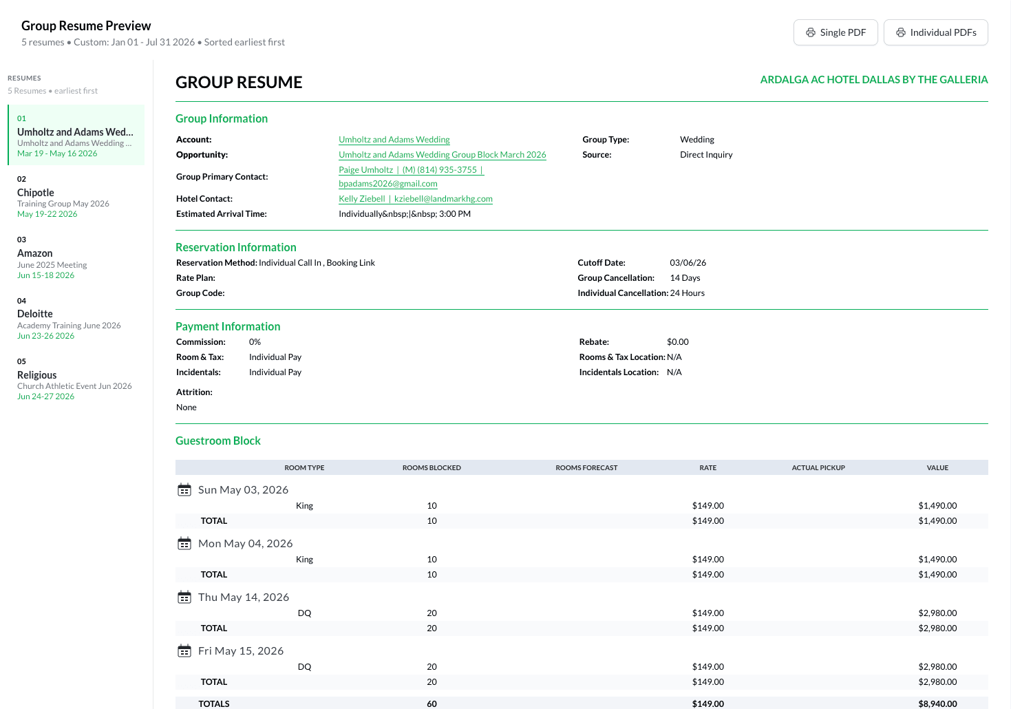 Matrix Bulk Group Resumes screen showing a list of upcoming definite groups with checkboxes for batch resume generation.