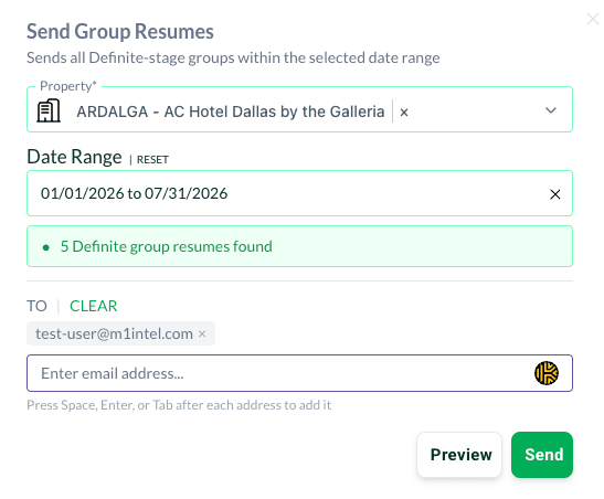 Matrix Send Group Resumes dialog with property selector, date range picker, count of Definite groups found, and recipient list.