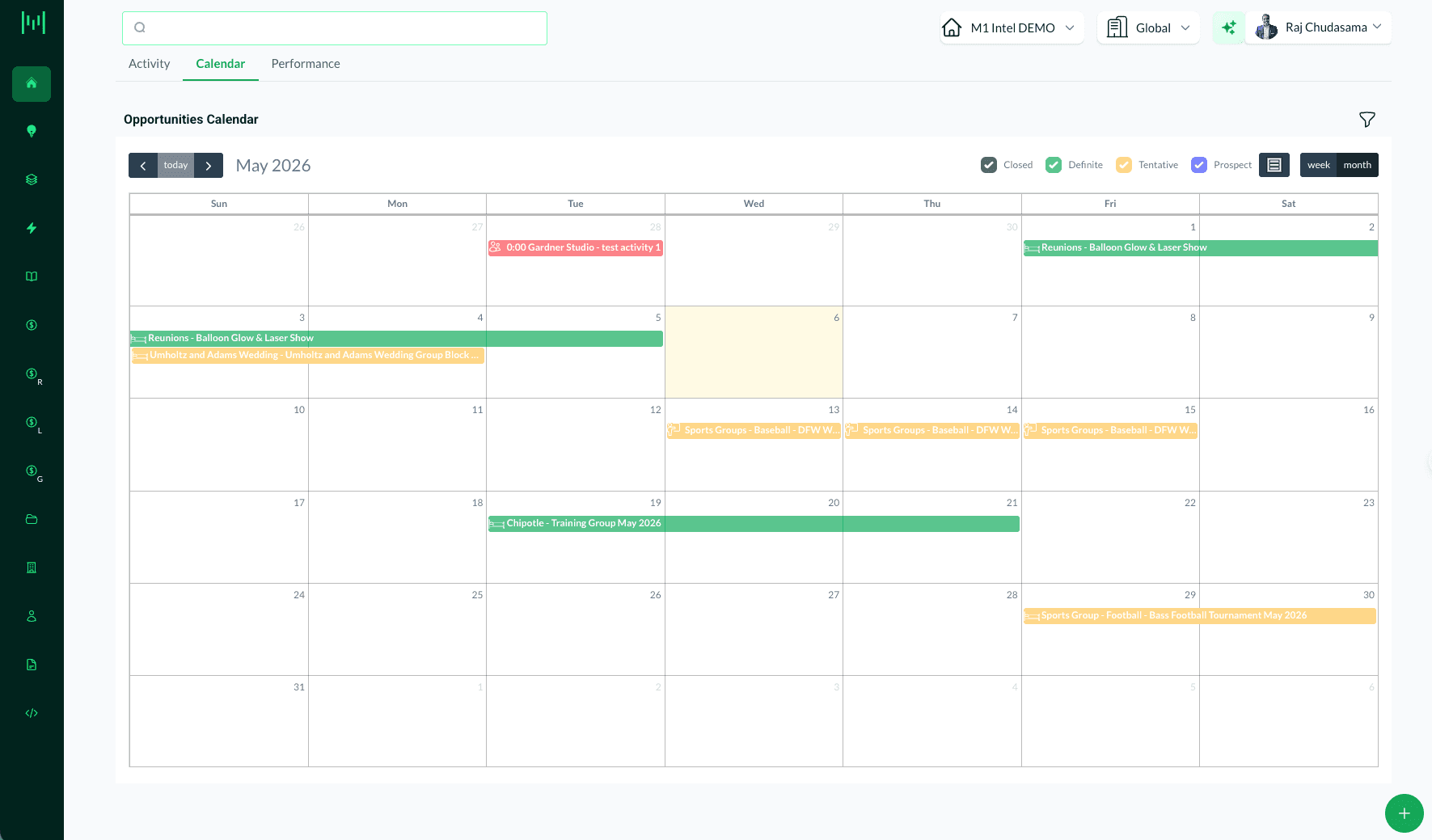 Matrix opportunities calendar showing color-coded group, BT, and leisure events across May 2026
