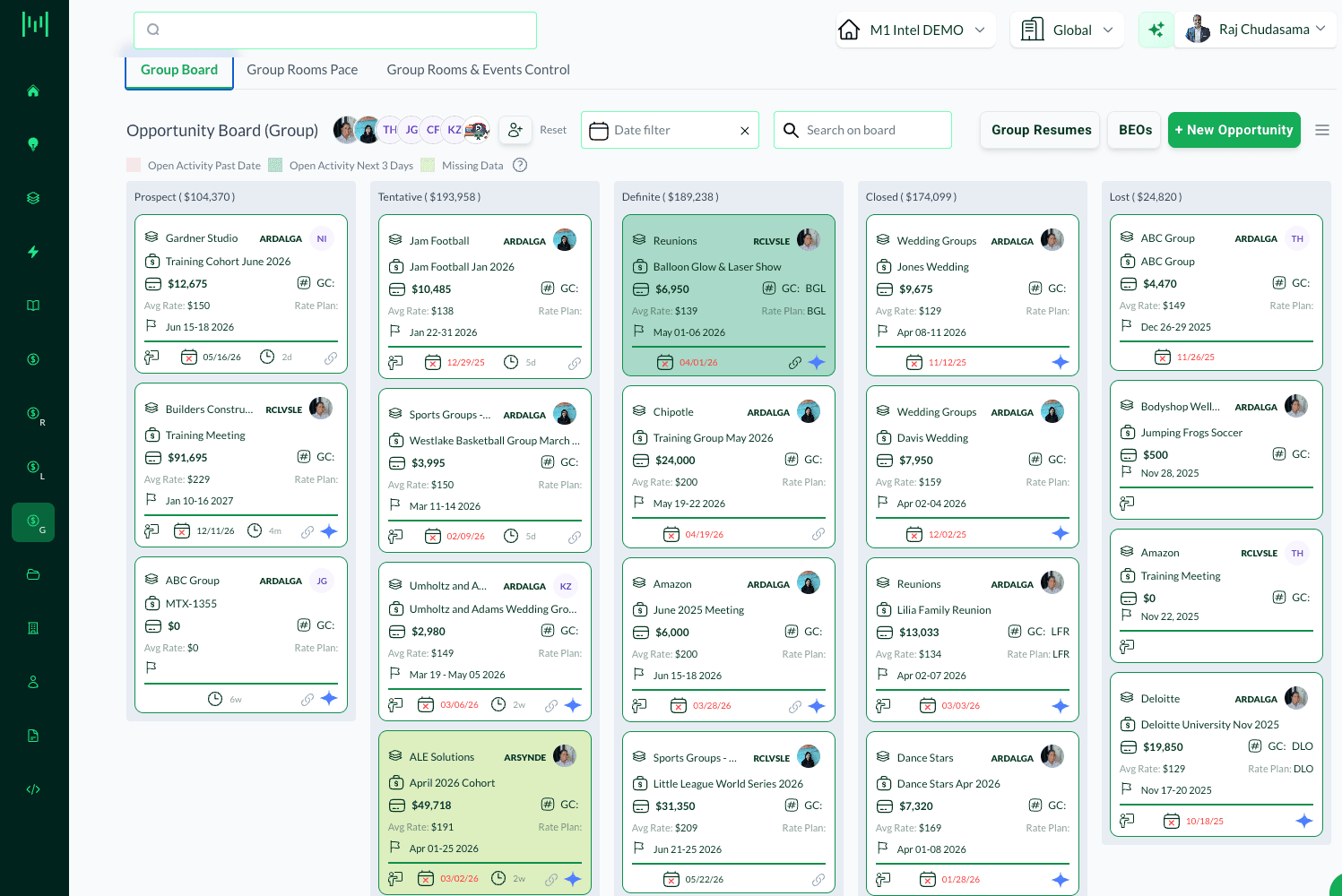 Matrix Opportunity Board — group sales pipeline organized by stage across Prospect, Tentative, Definite, Closed, and Lost columns