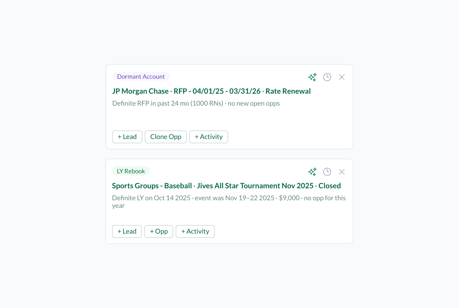 Two Matrix Prospecting cards up close. A Dormant Account card reads: Definite RFP in past 24 mo (1000 RNs), no new open opps. An LY Rebook card reads: Definite LY on Oct 14 2025, event was Nov 19 to 22 2025, $9,000, no opp for this year. Demo data.