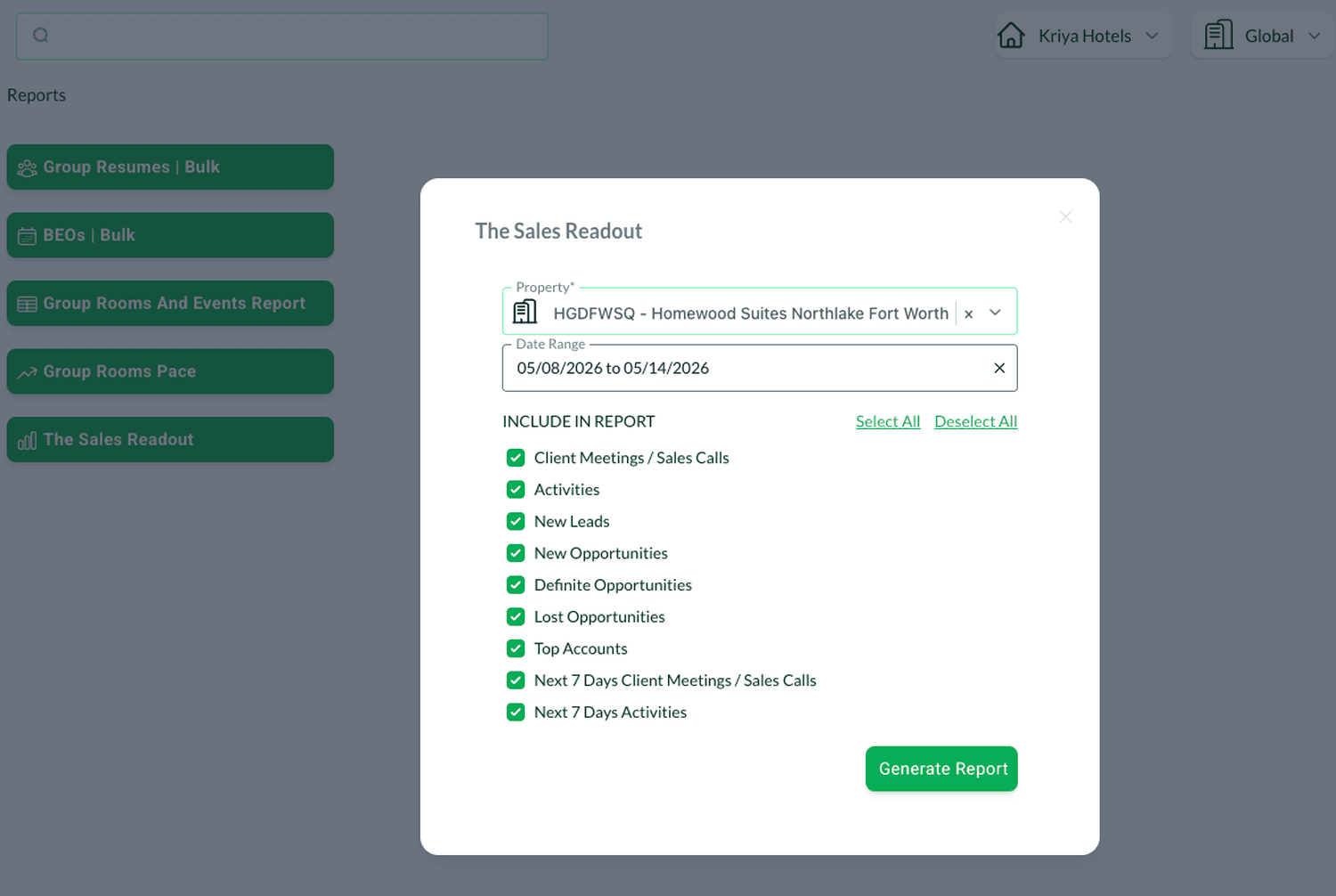 Matrix Sales Readout customization modal with section checkboxes and date range presets including Last 7 Days and This Friday Weekly.