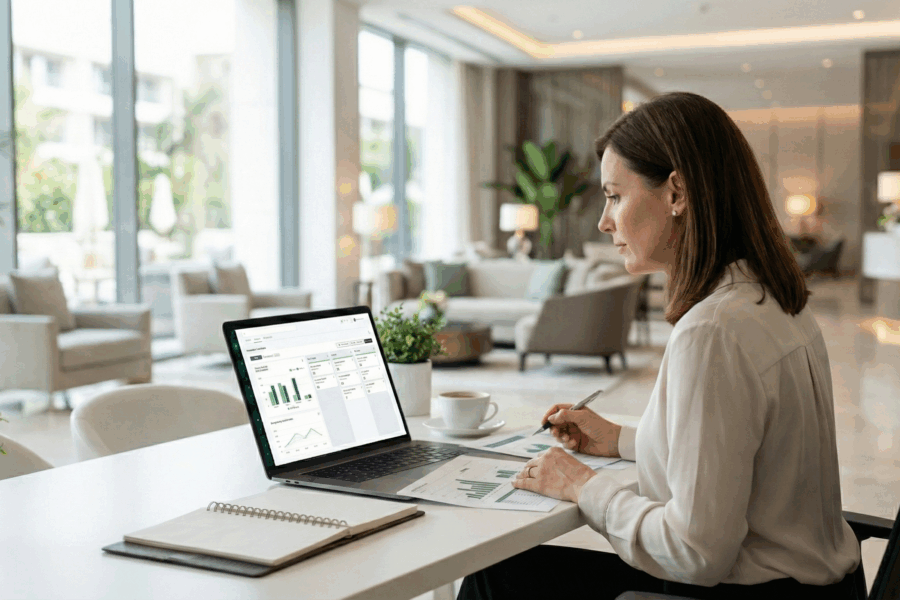 hotel salesperson working matrix lobby