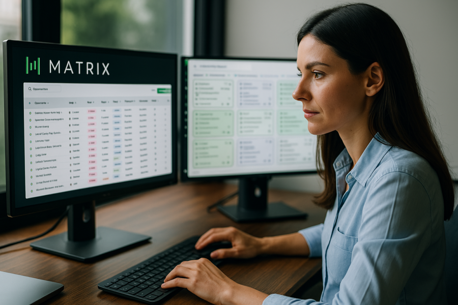 Woman working on 2 screens of Matrix hotel sales CRM