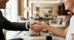Close up of handshake or warm interaction between salesperson and client emphasizes relationship building