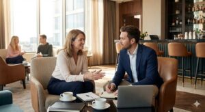 Two professionals having coffeemeeting in hotel setting represents mentorship and collaboration
